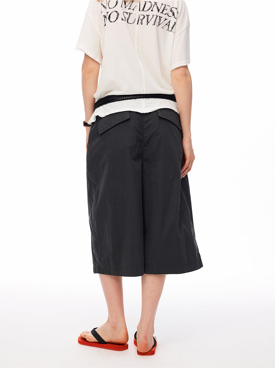 MADWITCH PLEATED DRAWSTRING DROPPED WIDE-LEG CAPRI PANTS #CK279D