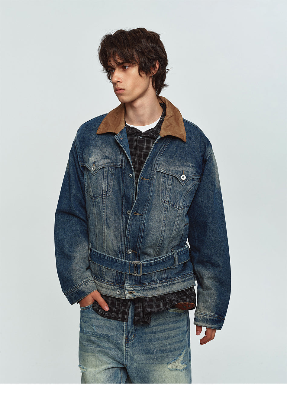 MADWITCH CONTRAST-COLLAR WASHED DISTRESSED DENIM JACKET #Z1650
