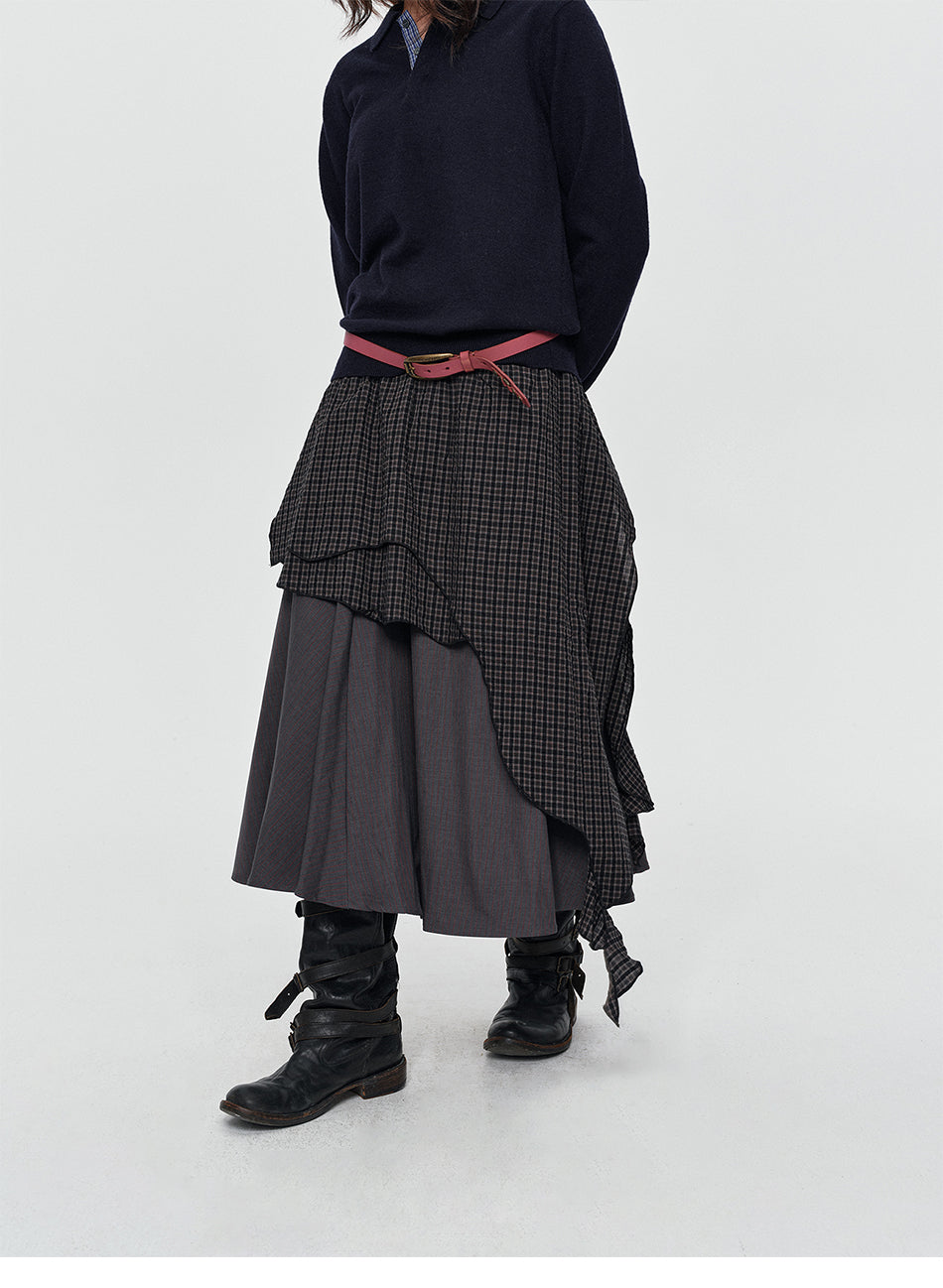 MADWITCH ASYMMETRIC LAYERED PLAID FLARE MIDI SKIRT #K102