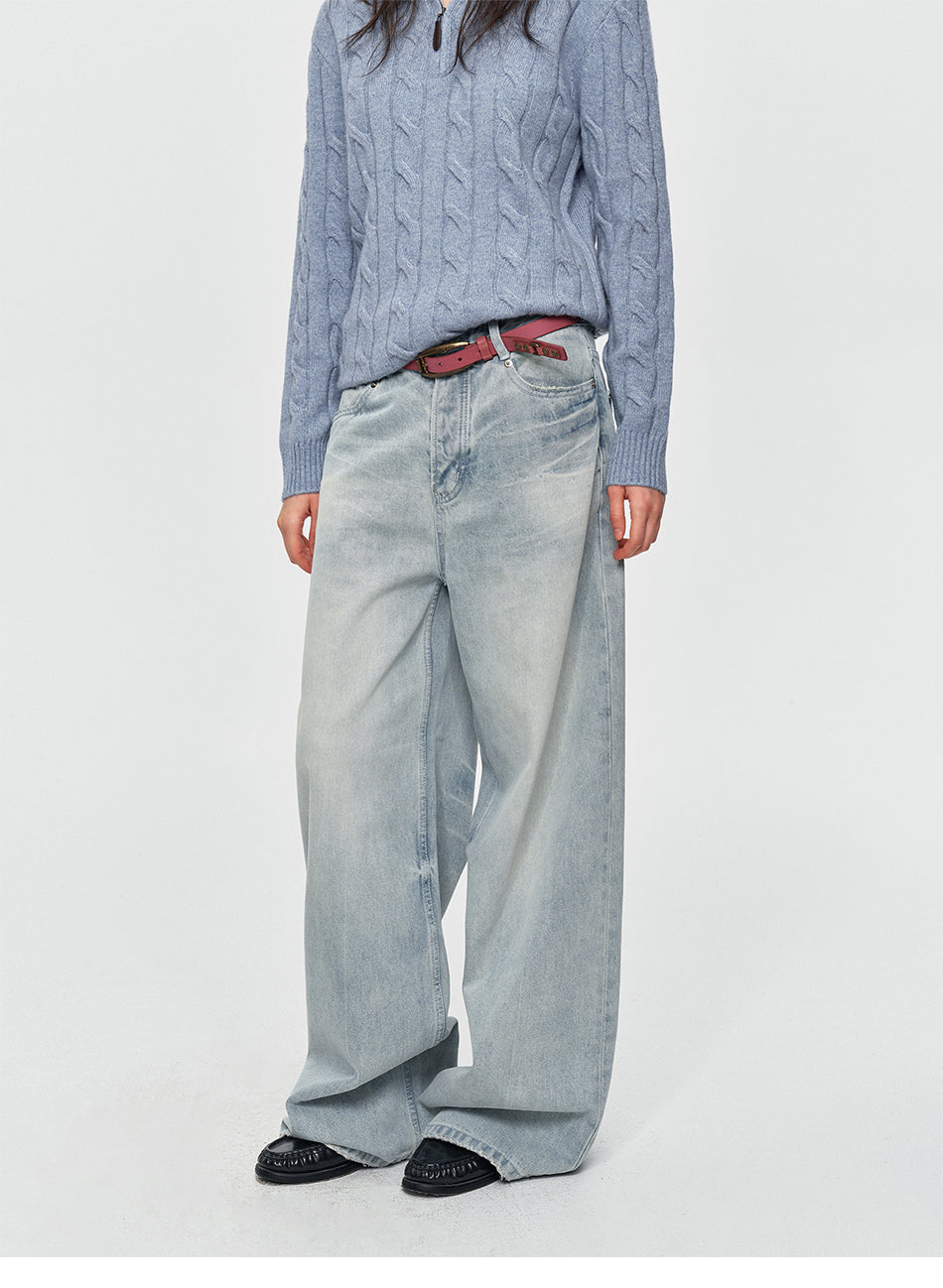 MADWITCH VINTAGE WASHED DRAPED WIDE-LEG JEANS #BKJ7102