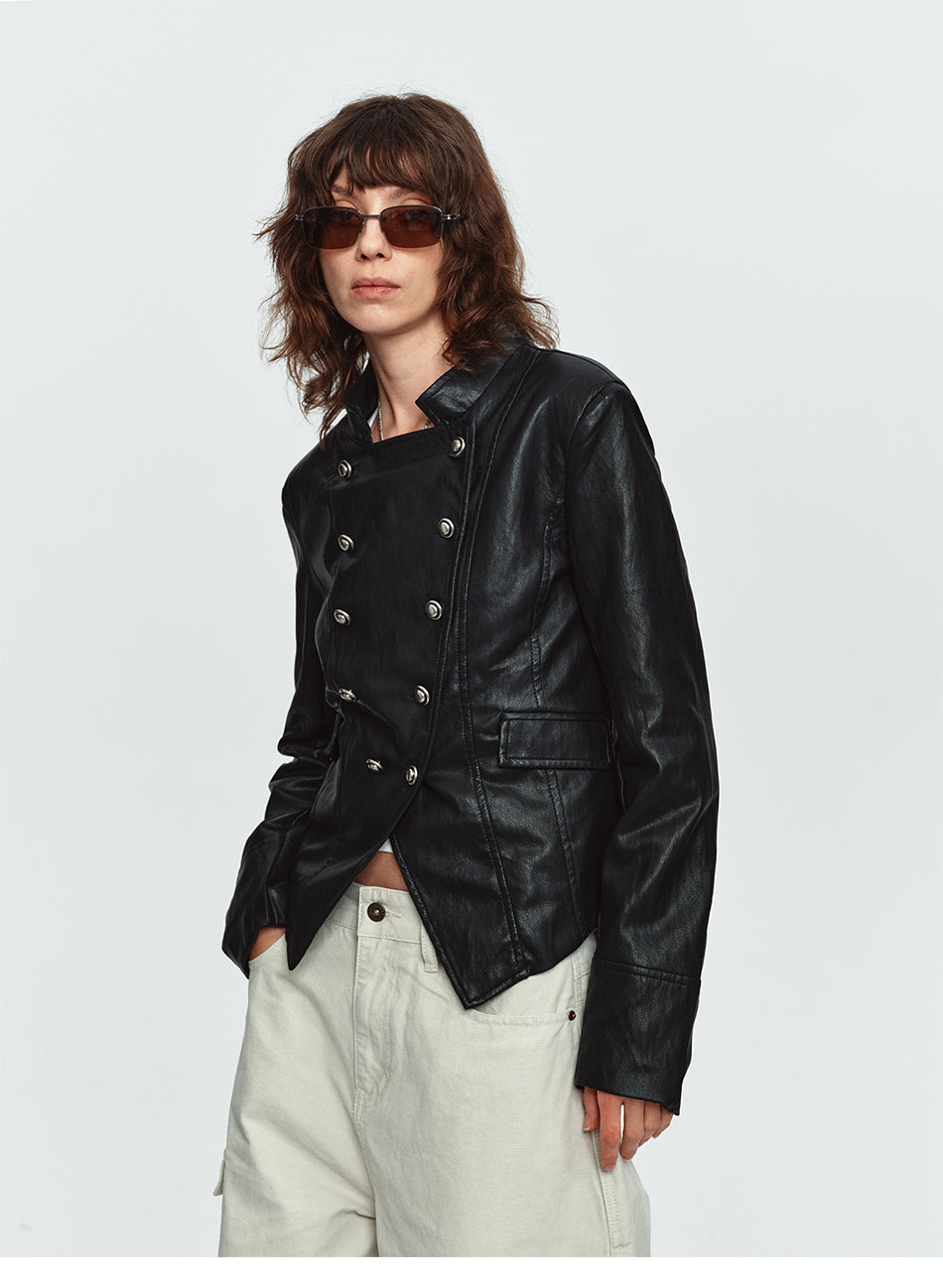 MADWITCH ASYMMETRIC DOUBLE-BREASTED CROPPED FAUX-LEATHER JACKET #C2026351