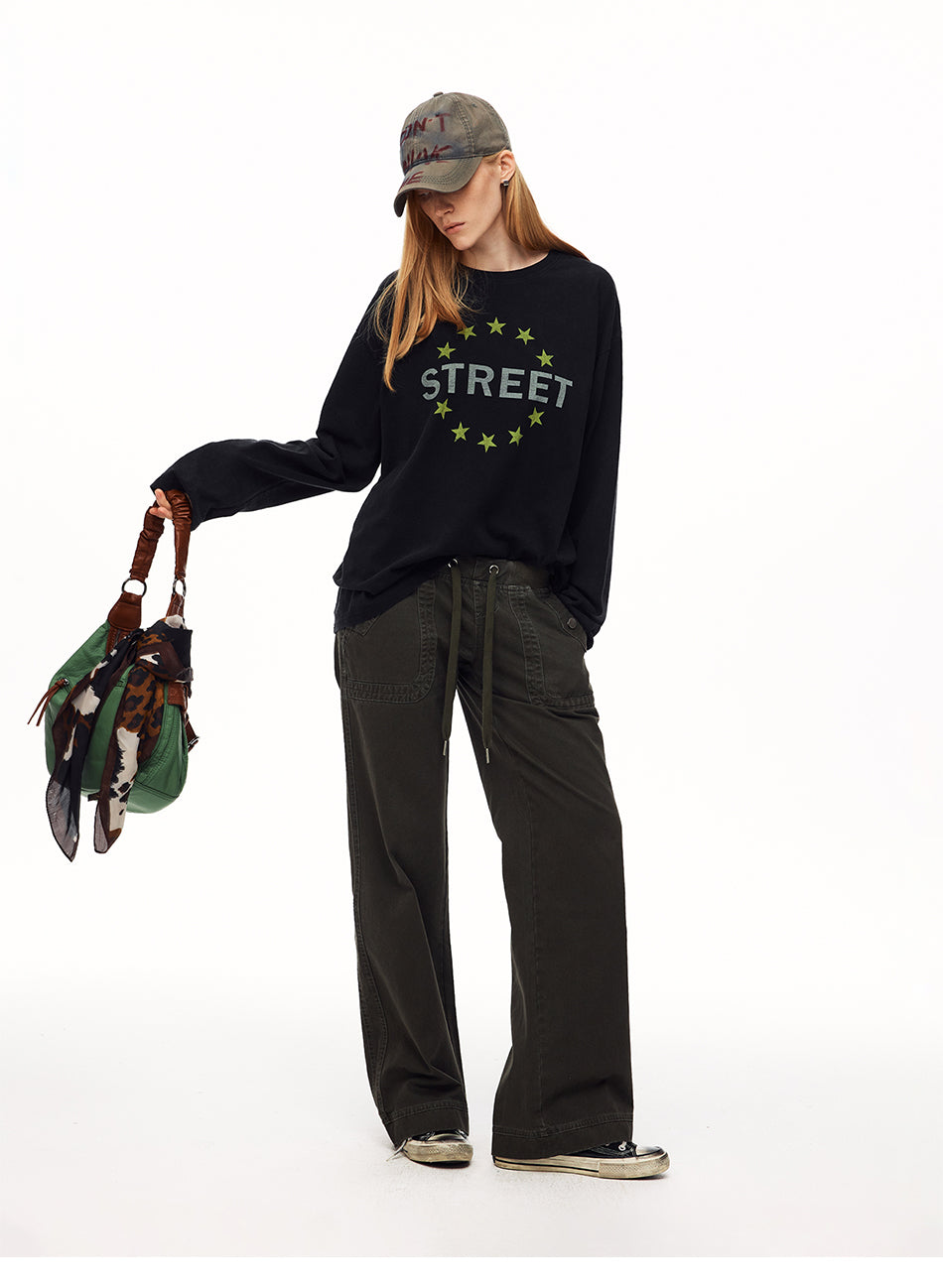 MADWITCH STREETWEAR DISTRESSED STAR-PRINT LONG-SLEEVE T-SHIRT #N2193