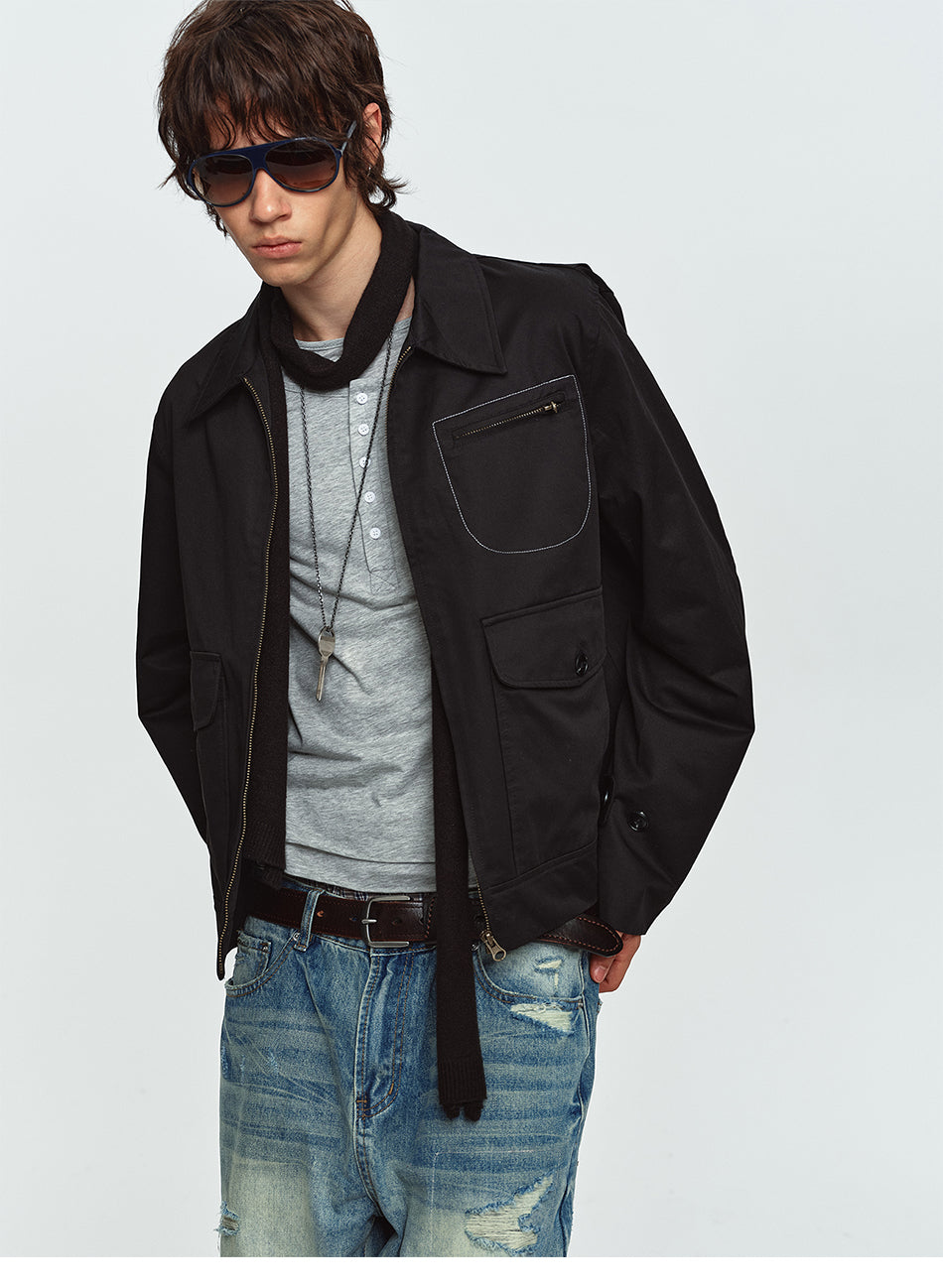 MADWITCH CONTRAST-STITCH MULTI-POCKET COLLARED UTILITY JACKET #GPCW1379