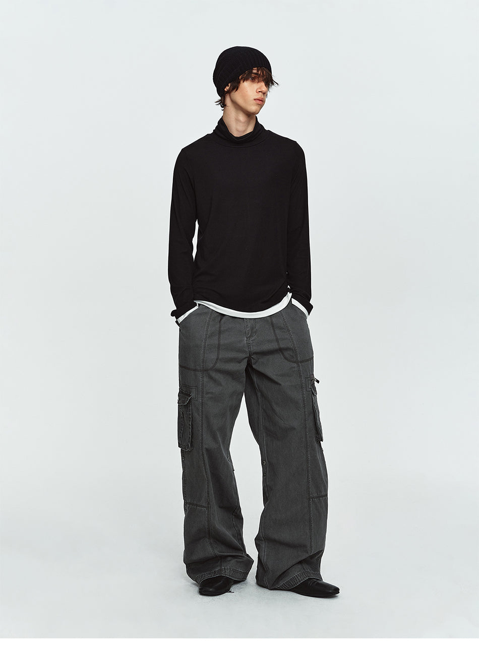 MADWITCH CONTRAST-LAYERED LYOCELL HIGH-NECK SLIM-FIT LONGSLEEVE TEE #AW26144