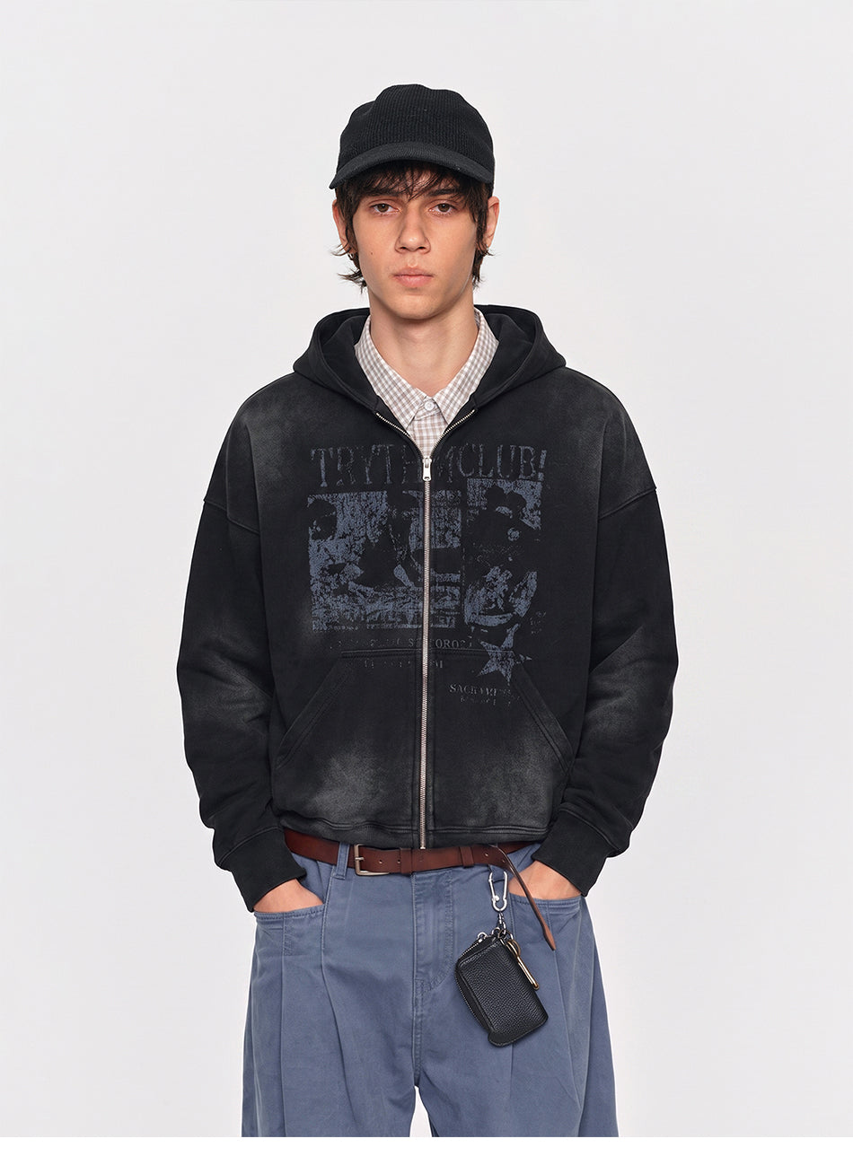 MADWITCH RECORD-PRINT WASHED ZIP HOODIE #27560
