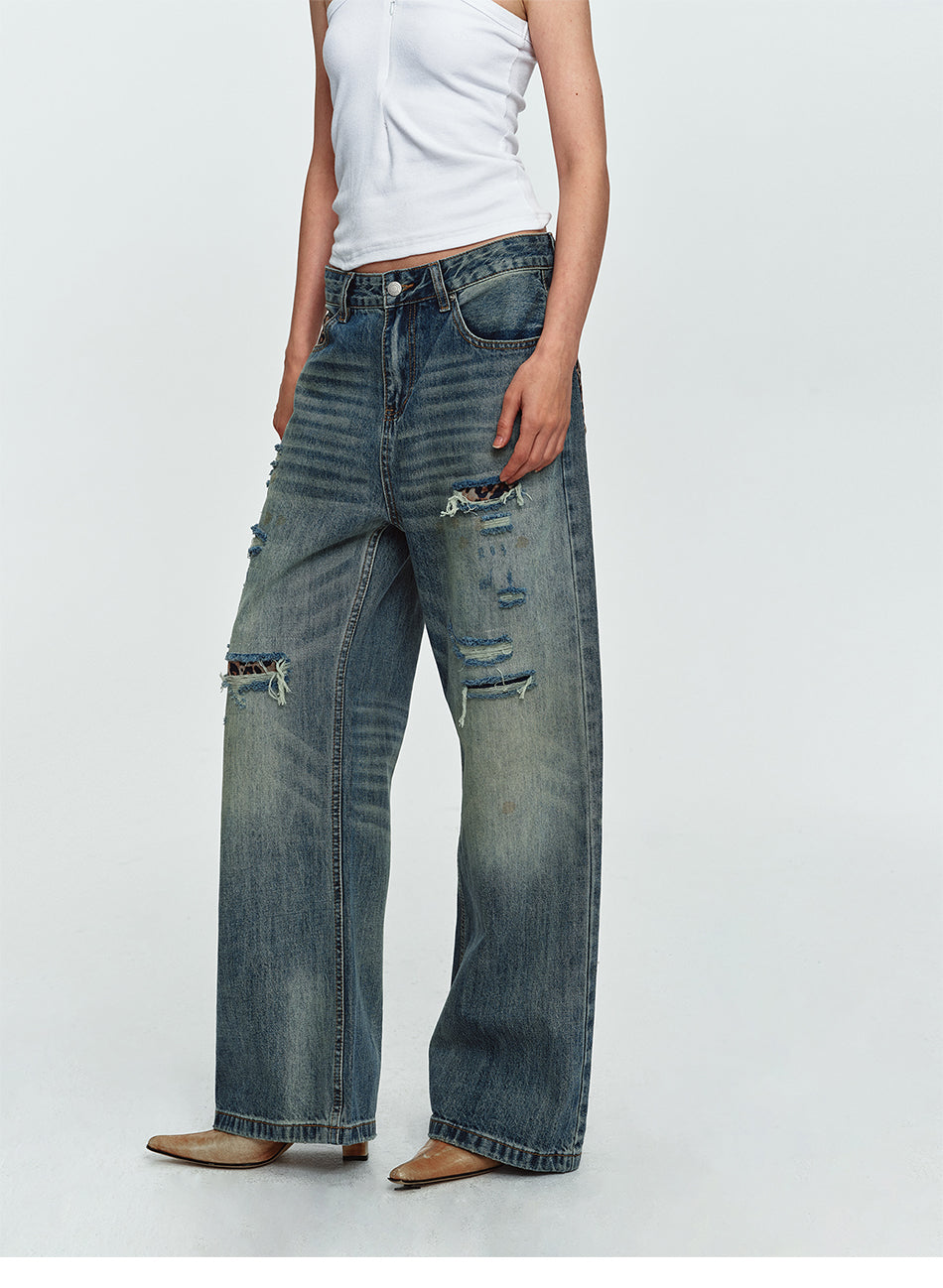 MADWITCH LEOPARD-POCKET DISTRESSED WIDE-LEG JEANS #G60073