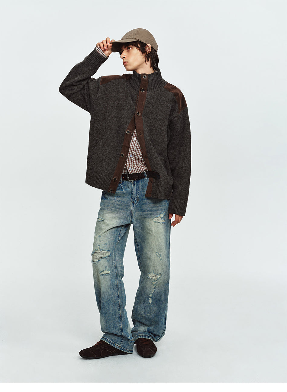 MADWITCH FAUX-SUEDE PANEL STAND-COLLAR KNIT CARDIGAN #991523