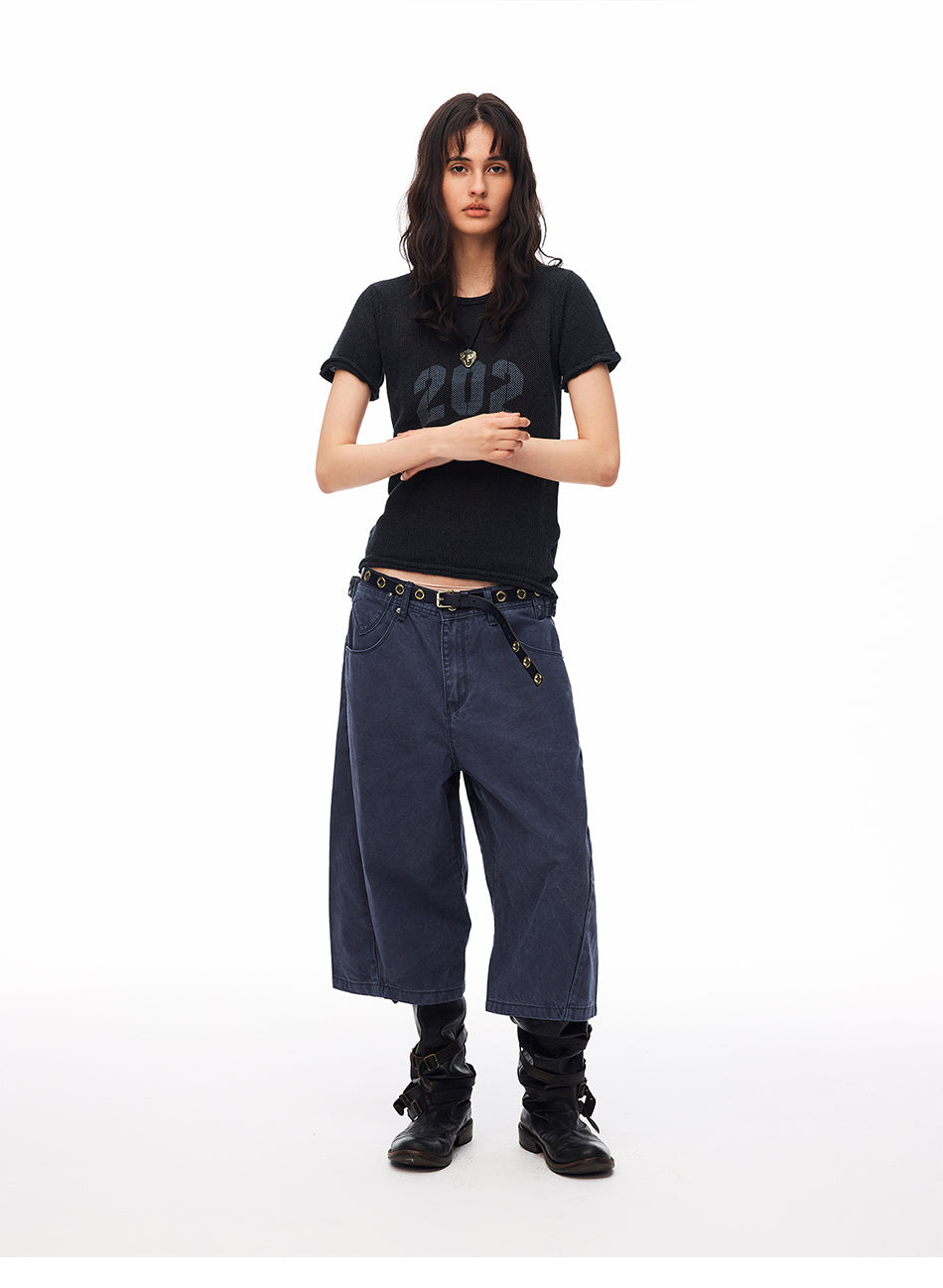 MADWITCH WASHED DISTRESSED ADJUSTABLE CAPRI PANTS #GPC9850D