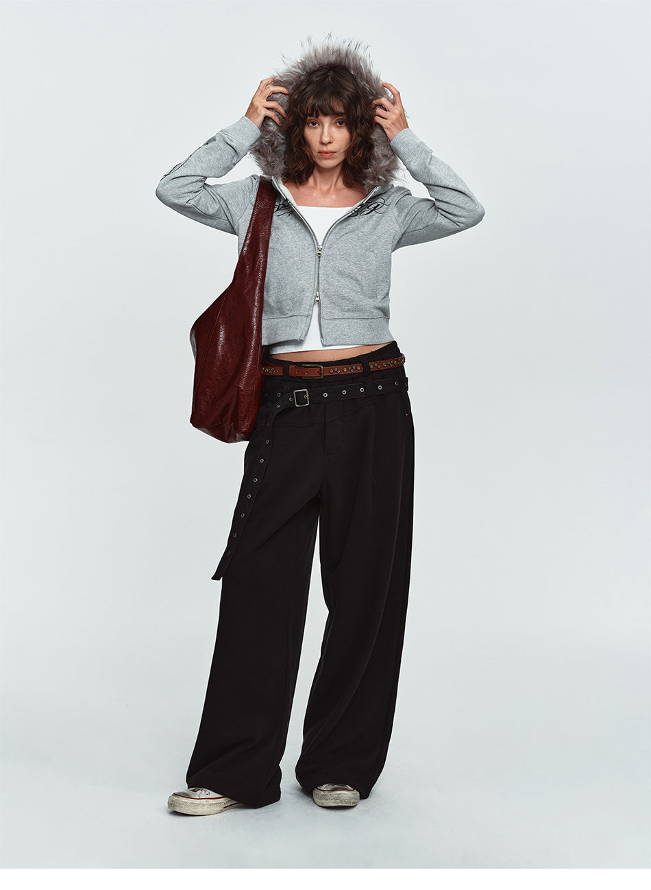 MADWITCH EYELET-BELTED WIDE-LEG RELAXED SWEATPANTS #CK61113