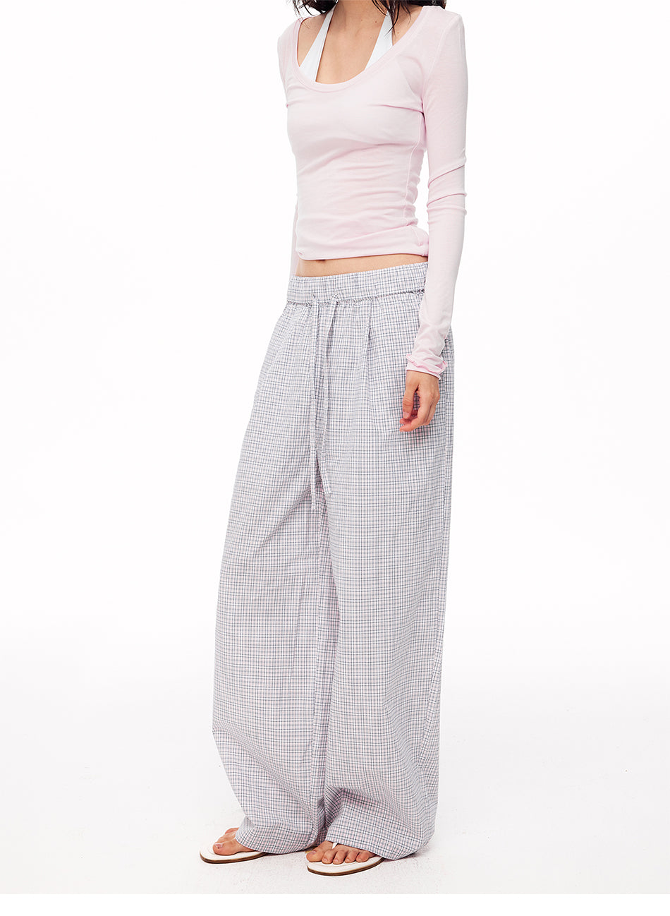 MADWITCH MINIMALIST PLAID DRAWSTRING WIDE-LEG PANTS #CK61081