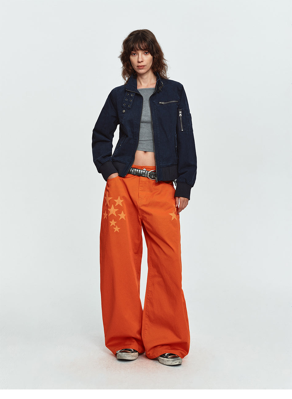 MADWITCH BUCKLED-COLLAR MULTI-POCKET WASHED CROPPED JACKET #N607