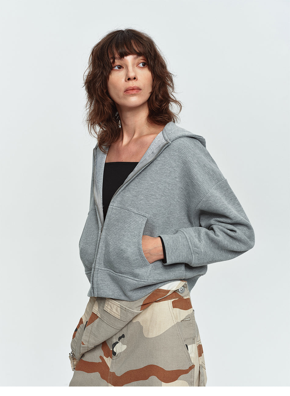 MADWITCH CROPPED WAFFLE-KNIT ZIP HOODIE #L2026736