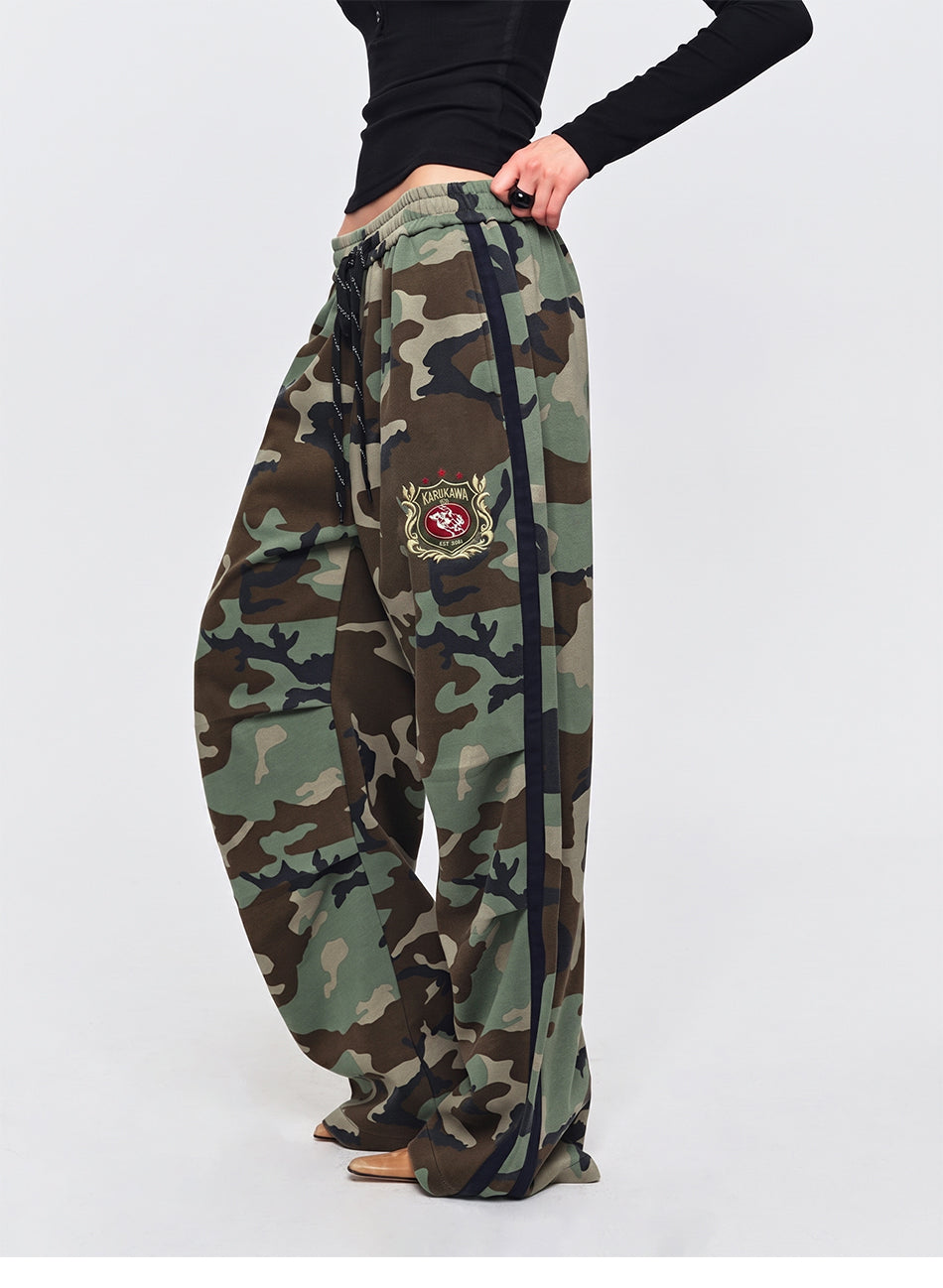 MADWITCH EMBROIDERED SIDE-STRIPE CAMO WIDE-LEG PANTS #CK61091