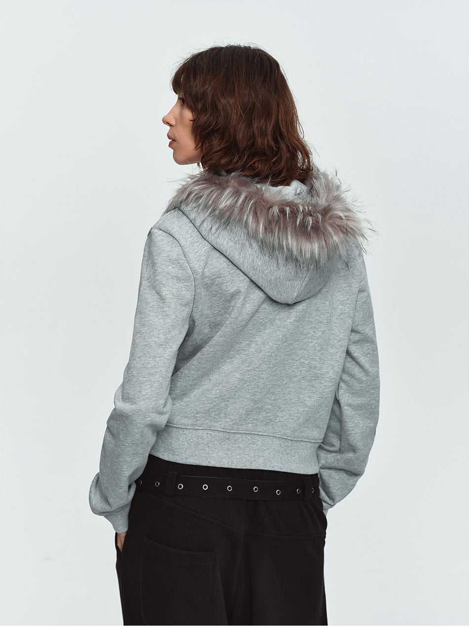 MADWITCH RHINESTONE-SCRIPT FAUX-FUR TRIM CROPPED ZIP HOODIE #L2026585