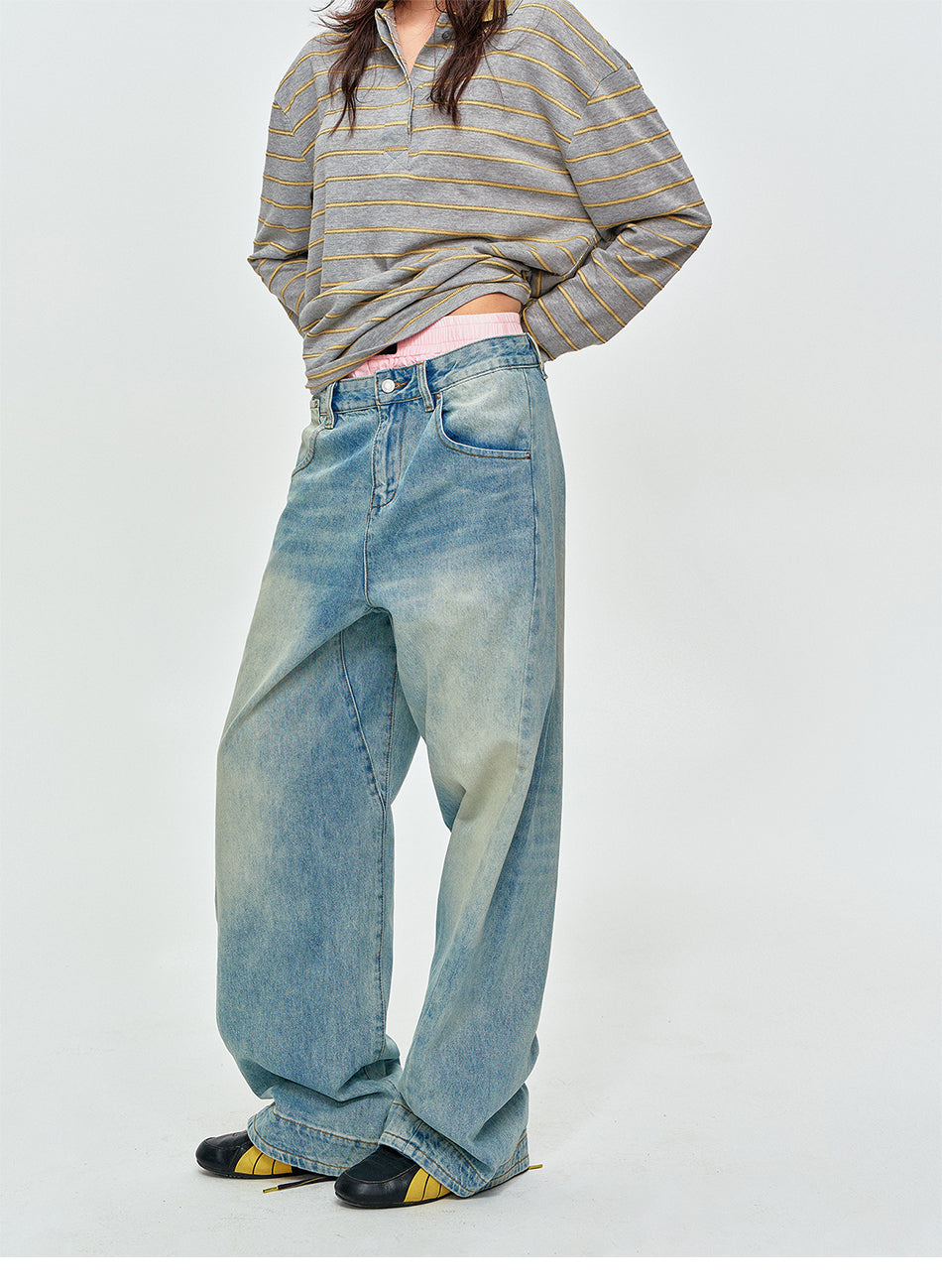 MADWITCH CINCH-BACK CURVED WIDE-LEG JEANS #CK9823
