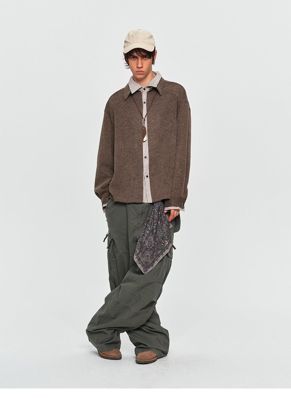 MADWITCH LAYERED BUTTONED COLLAR TEXTURED KNIT SWEATSHIRT #880813