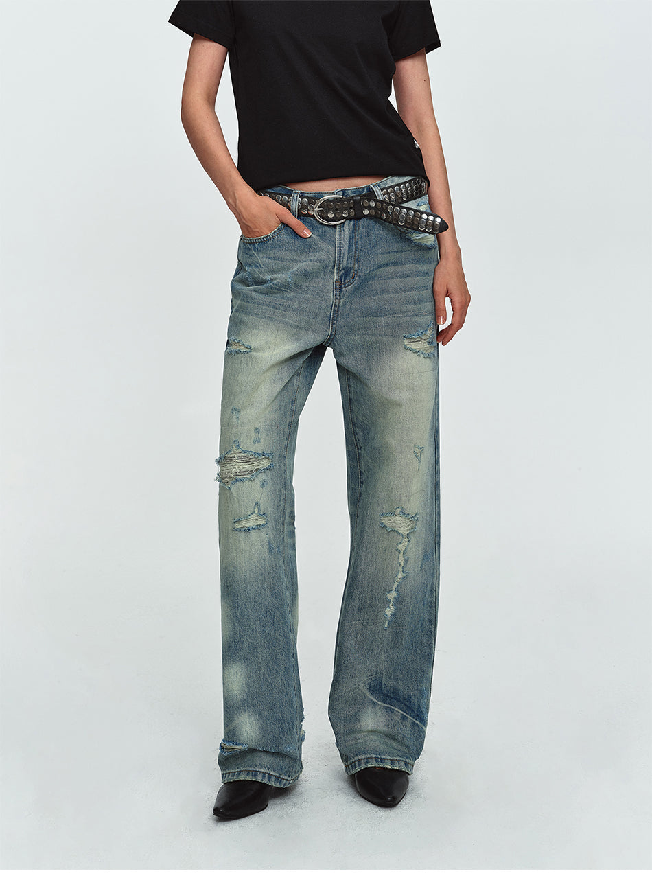 MADWITCH DISTRESSED WASHED WIDE-LEG JEANS #G60064