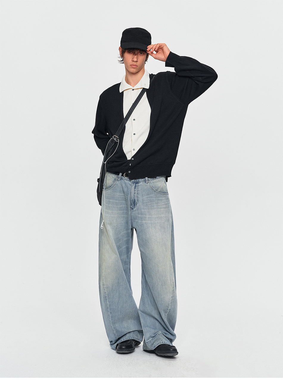 MADWITCH LAYERED SHIRT-COLLAR CONTRAST-PLACKET KNIT CARDIGAN #UTU085