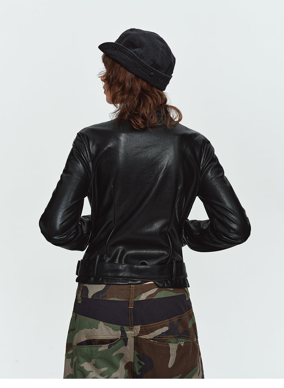 MADWITCH BELTED CROPPED FAUX-LEATHER BIKER JACKET #CW1383N