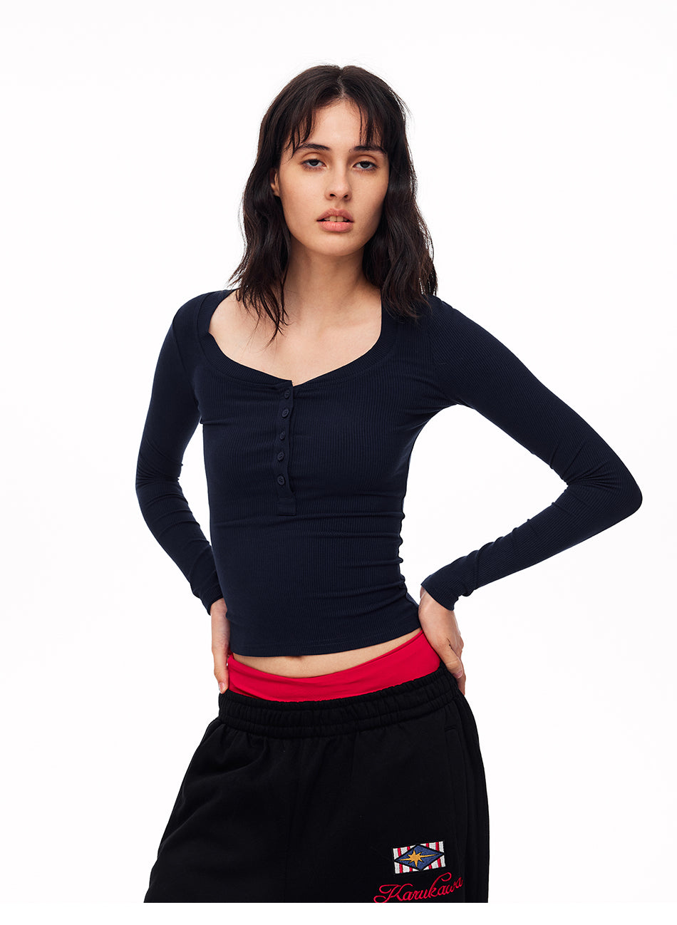 MADWITCH RIBBED U NECK HENLEY LONG SLEEVE TEE #G2079