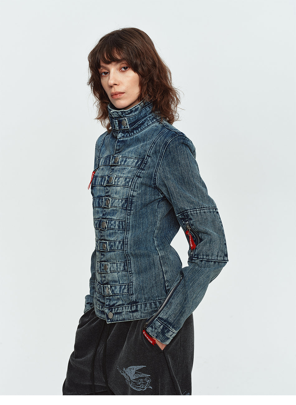 MADWITCH NAPOLEON-BUTTON WASHED CROPPED DENIM JACKET #2026126