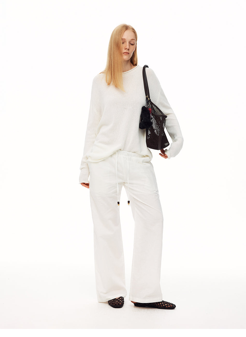 MADWITCH SLOUCHY LINEN-BLEND DRAWSTRING WIDE-LEG PANTS #CN61060