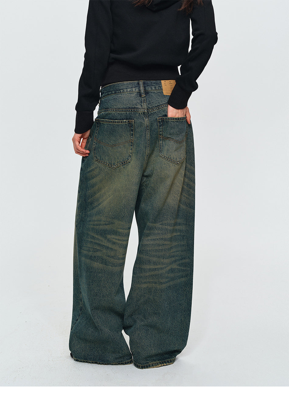 MADWITCH DOUBLE-PLEATED WASHED WIDE-LEG JEANS #CK9853