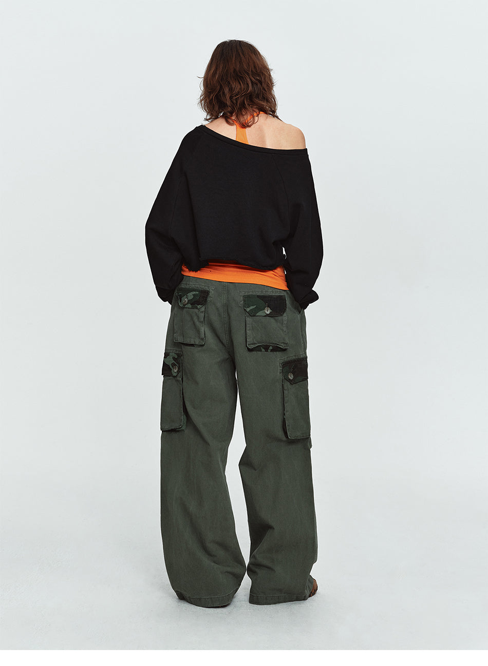 MADWITCH PLEATED CAMO-PATCHWORK WASHED CARGO PANTS #6851