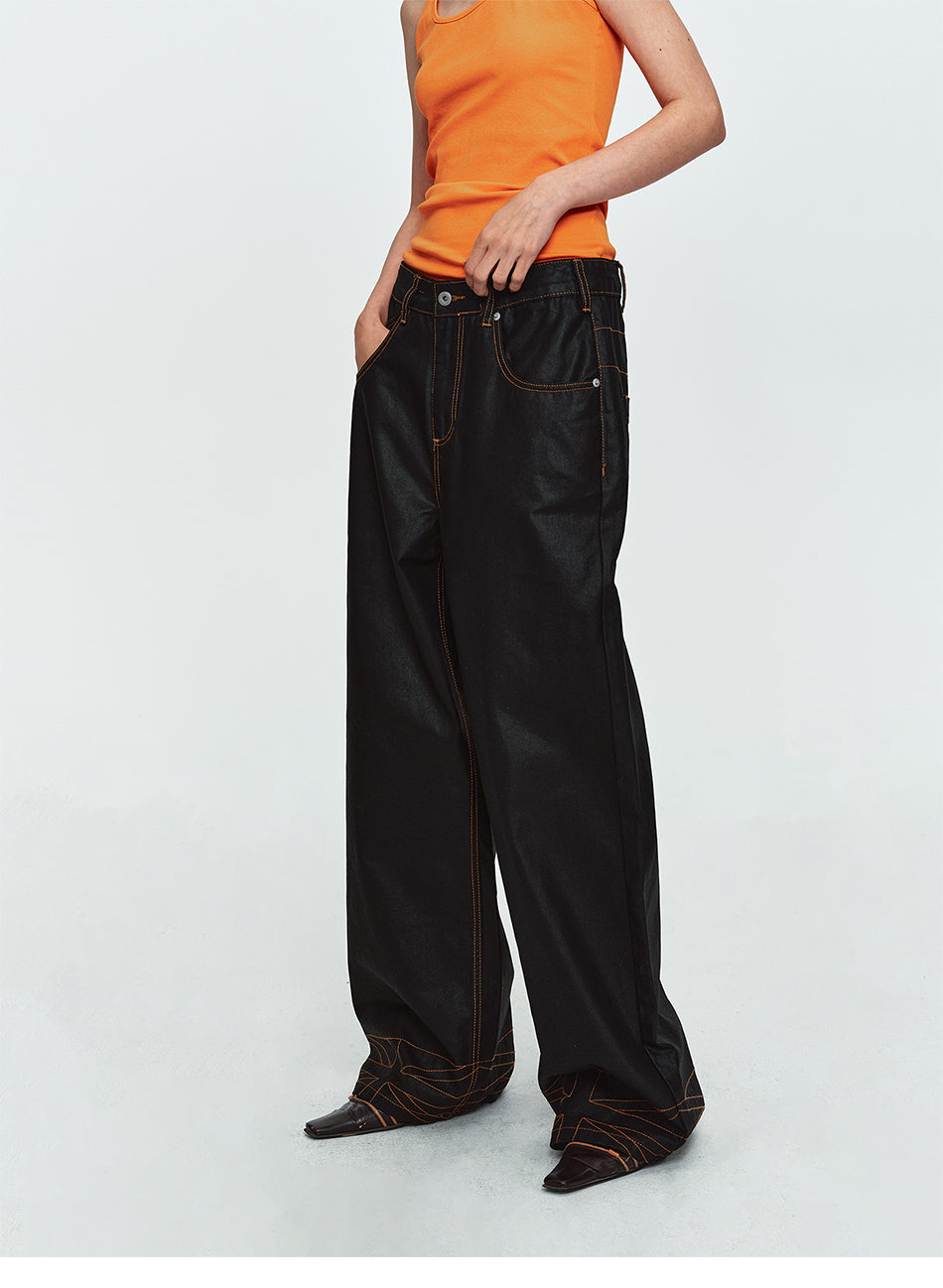 MADWITCH CONTRAST-STITCH WAXED-BLACK WIDE-LEG JEANS #GPC3659