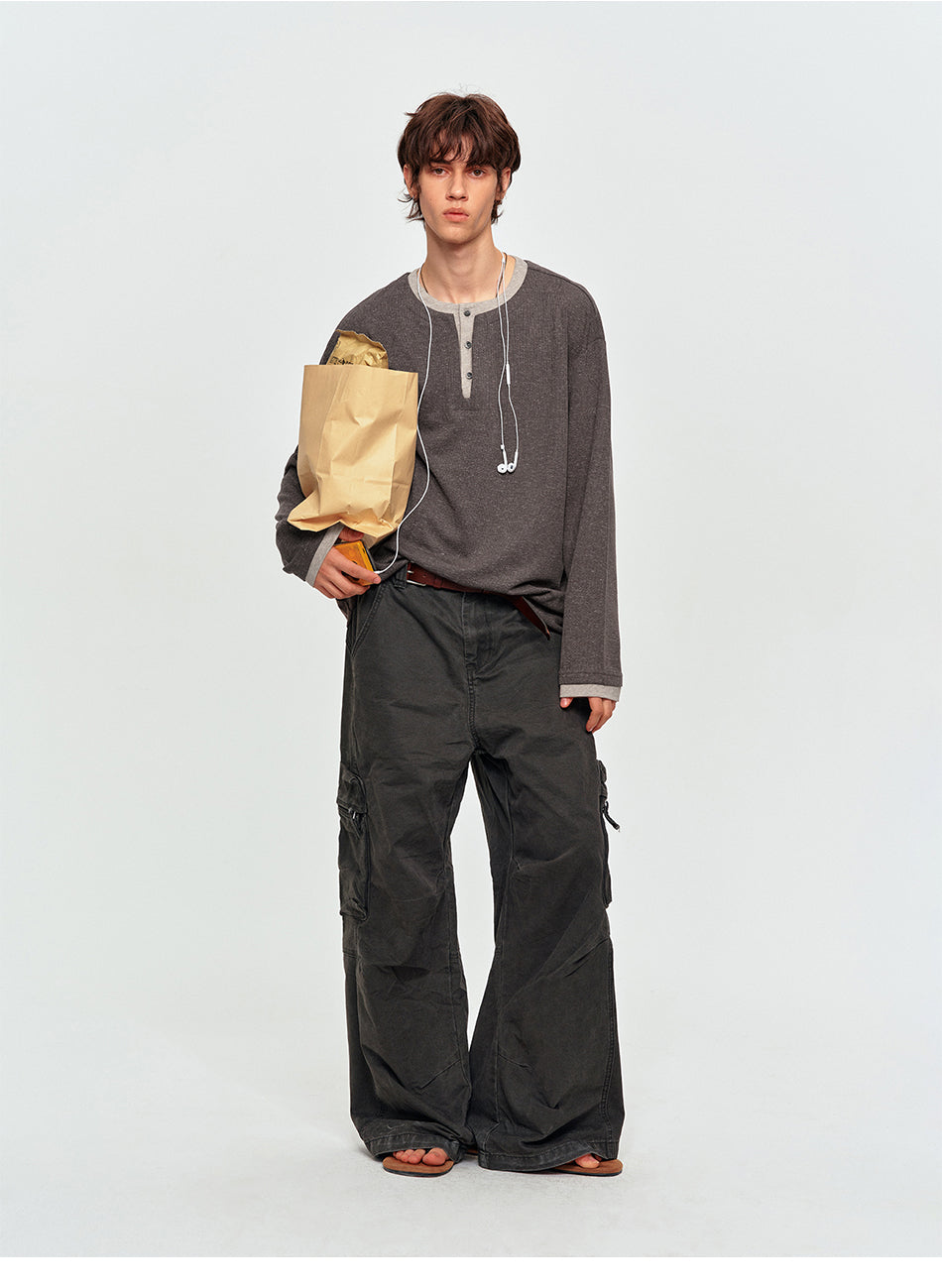 MADWITCH CONTRAST-RIB MARLED HENLEY SHIRT #880938