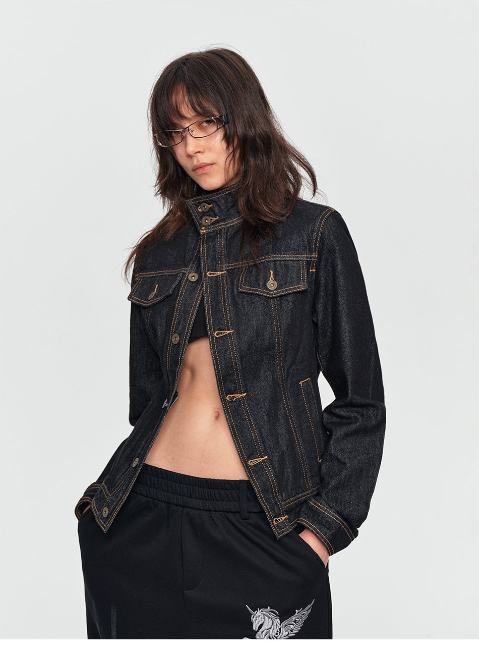 MADWITCH CONTRAST-STITCH CROPPED DENIM JACKET #Z1649