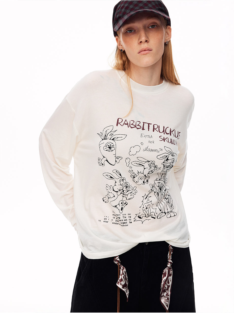 MADWITCH LOOSE RABBIT-PRINT LYOCELL LONG-SLEEVE T-SHIRT #N2191