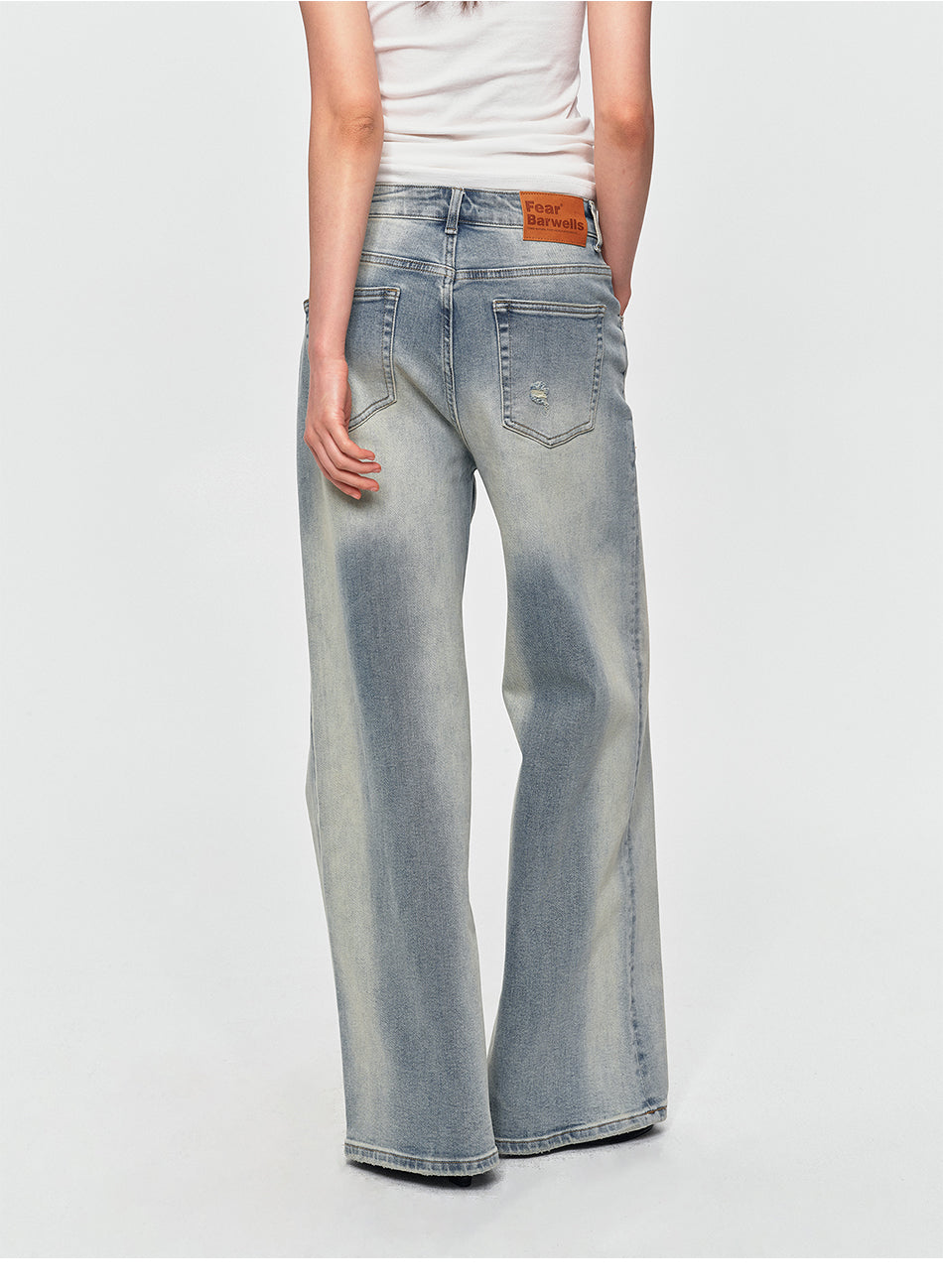 MADWITCH VINTAGE WASHED DISTRESSED WIDE-LEG JEANS #BKJ7601