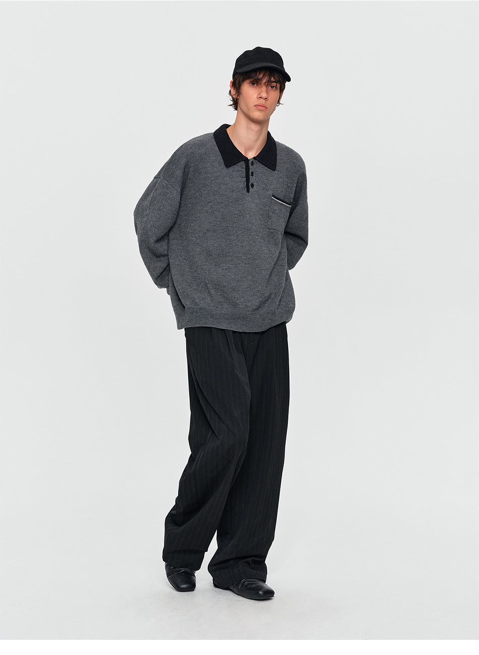 MADWITCH MARLED CONTRAST-COLLAR POLO SWEATER #AW26823