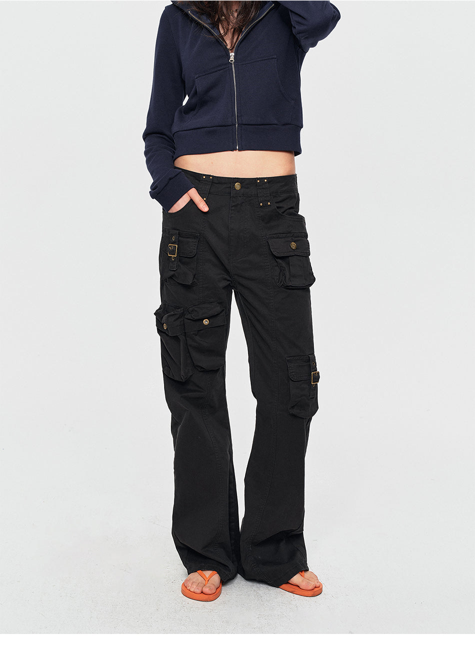 MADWITCH STUDDED LOW-RISE FLARED CARGO PANTS #CN3657