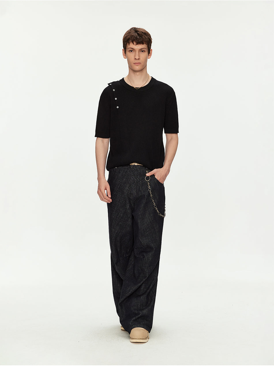 MADWITCH ASYMMETRIC BUTTON RIBBED KNIT TEE #MY26503