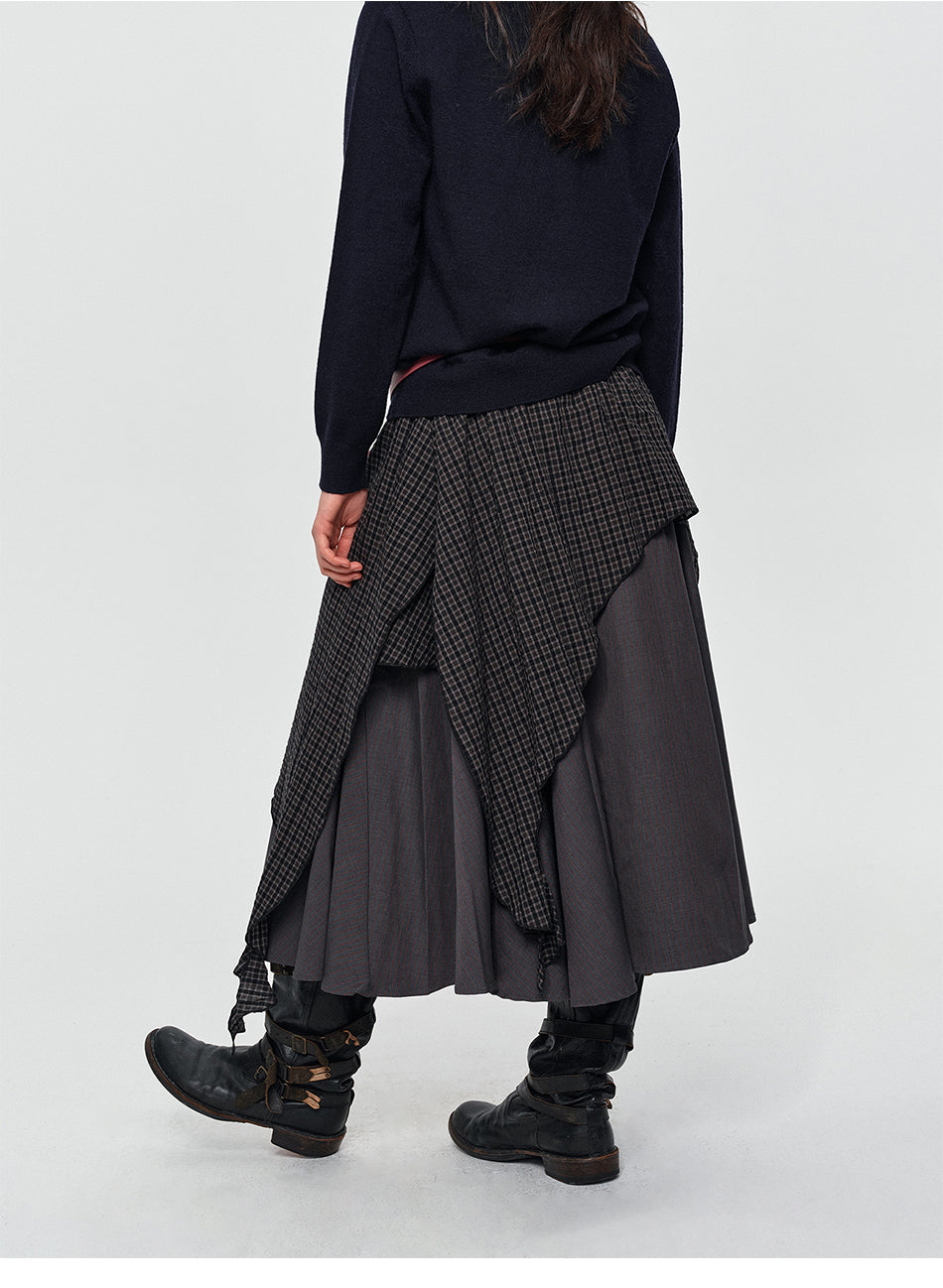 MADWITCH ASYMMETRIC LAYERED PLAID FLARE MIDI SKIRT #K102