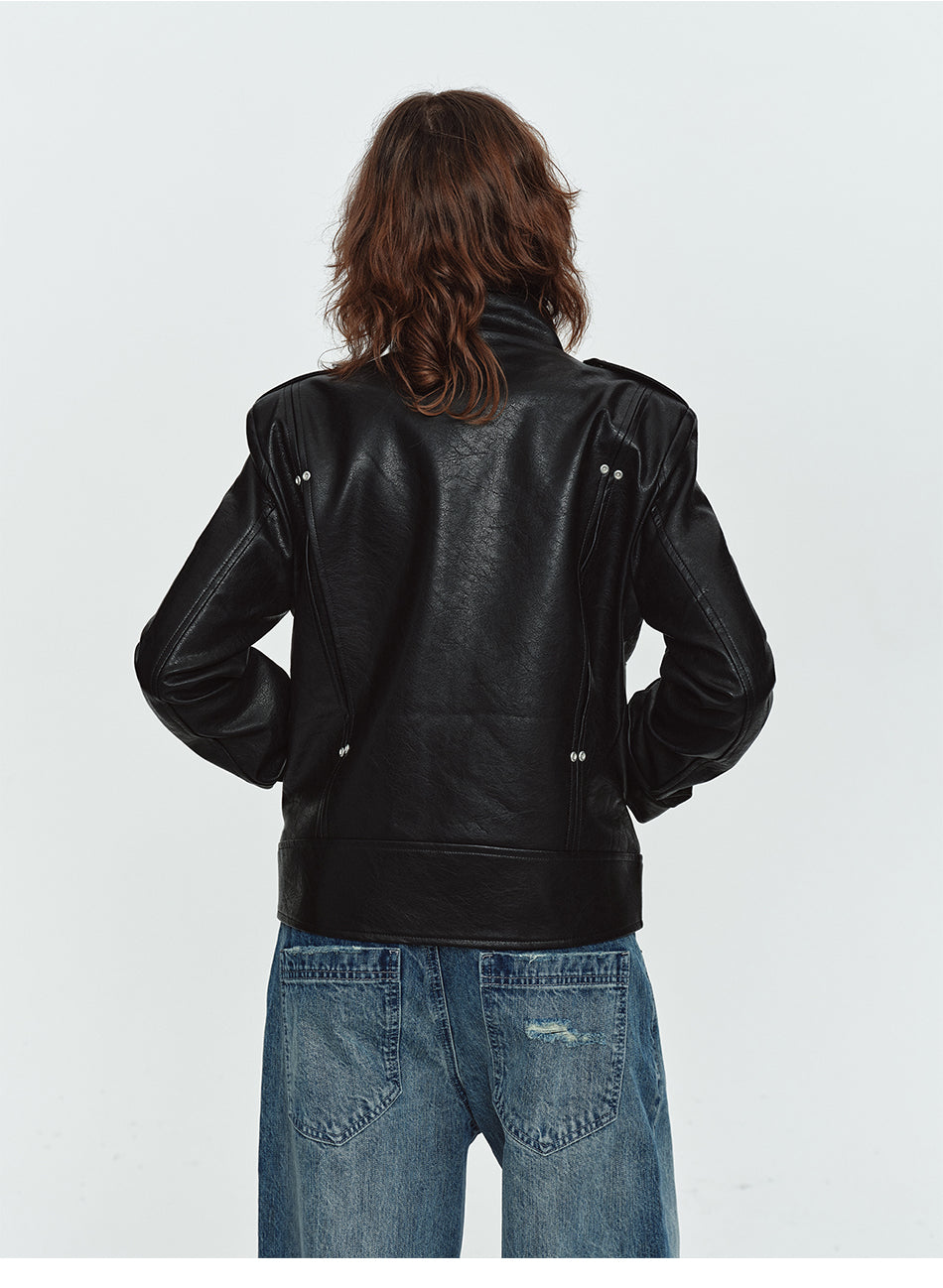 MADWITCH NAPOLEON-BUTTON CROPPED LEATHER BIKER JACKET #AW26188