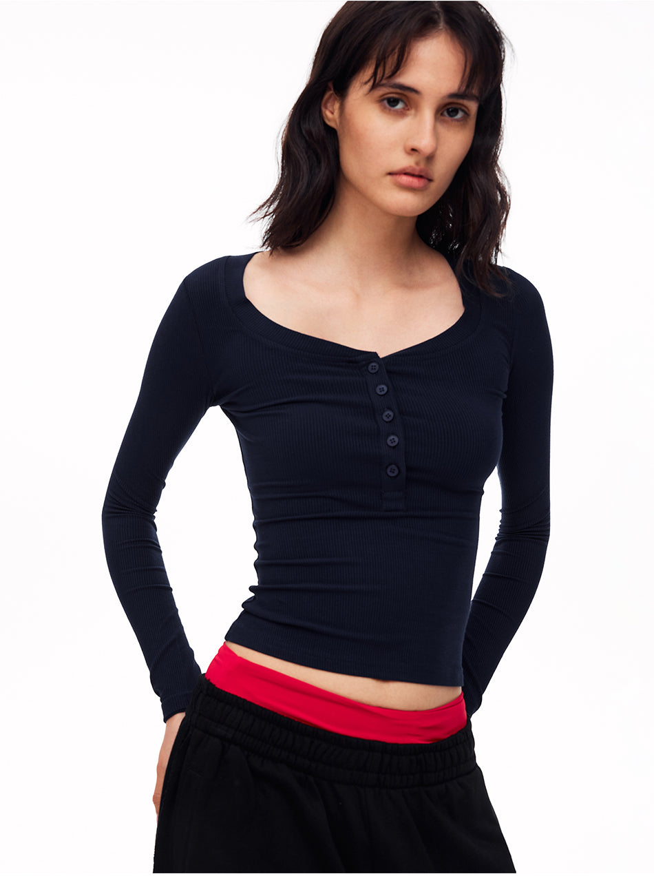 MADWITCH RIBBED U NECK HENLEY LONG SLEEVE TEE #G2079
