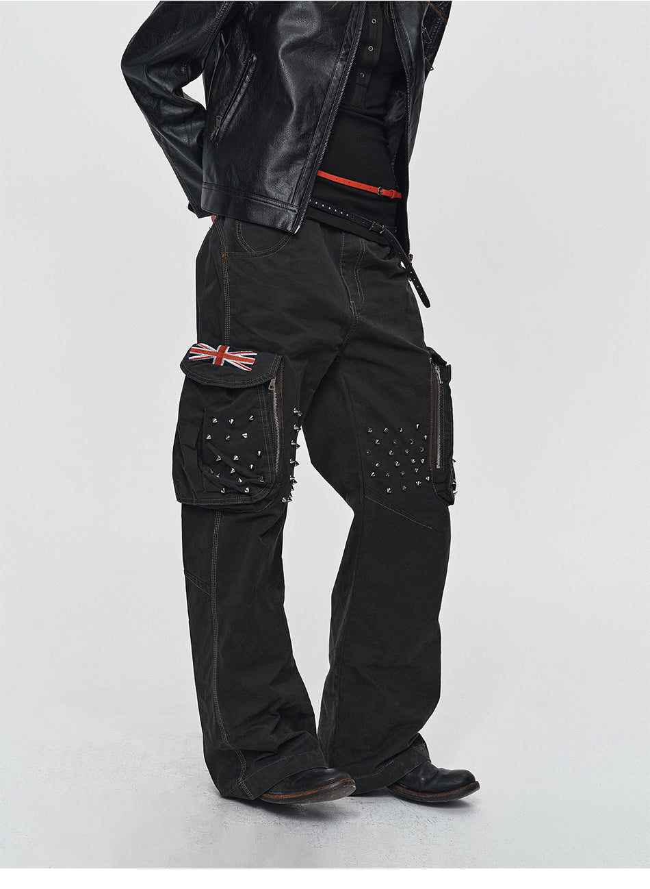 MADWITCH STUDDED WASHED MULTI-POCKET CARGO PANTS #L2026580