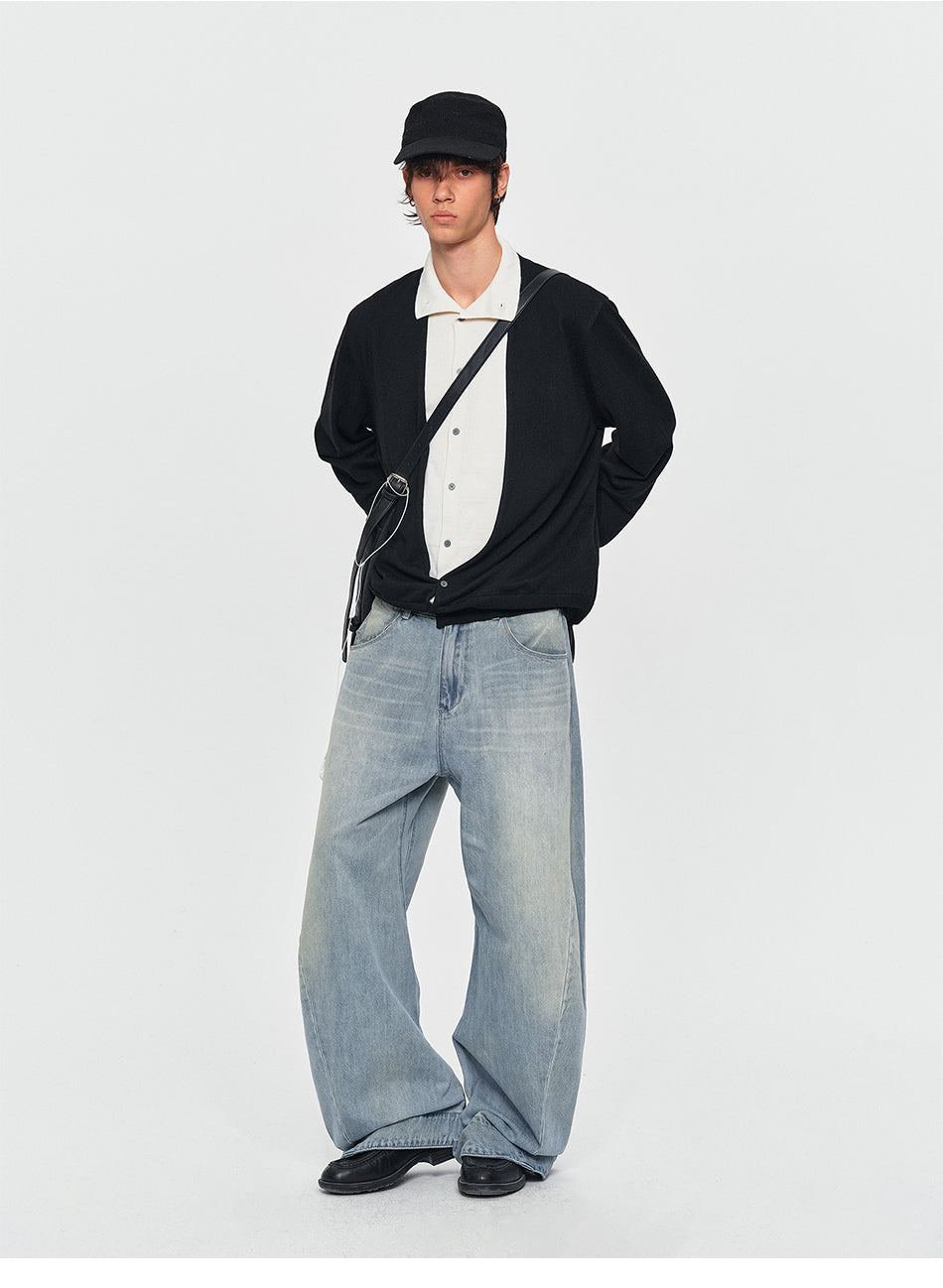 MADWITCH LAYERED SHIRT-COLLAR CONTRAST-PLACKET KNIT CARDIGAN #UTU085