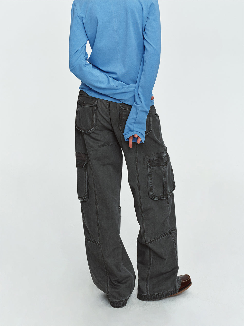 MADWITCH WASHED CONTRAST-STITCH WIDE-LEG CARGO PANTS #GPC61110N