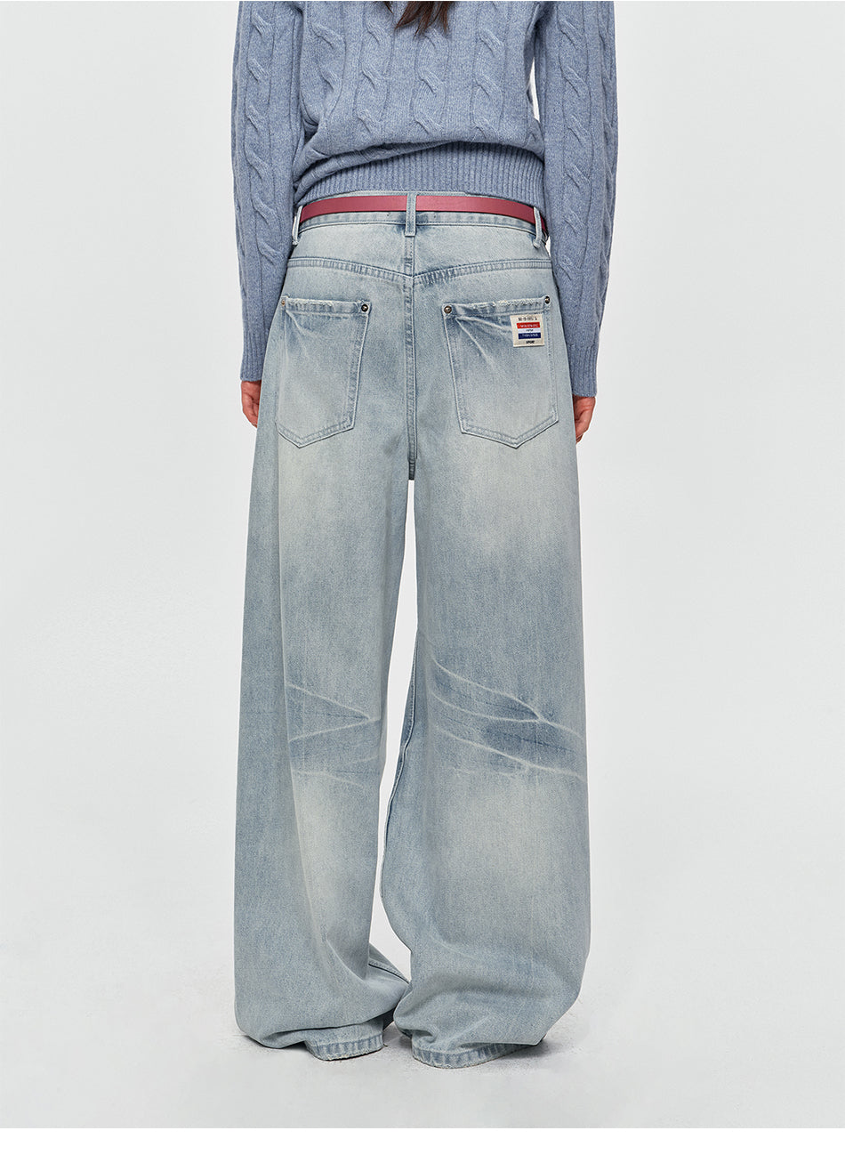 MADWITCH VINTAGE WASHED DRAPED WIDE-LEG JEANS #BKJ7102