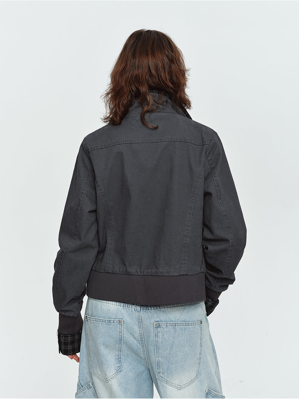 MADWITCH WASHED DISTRESSED MULTI-POCKET STAND-COLLAR CROPPED UTILITY JACKET #N606