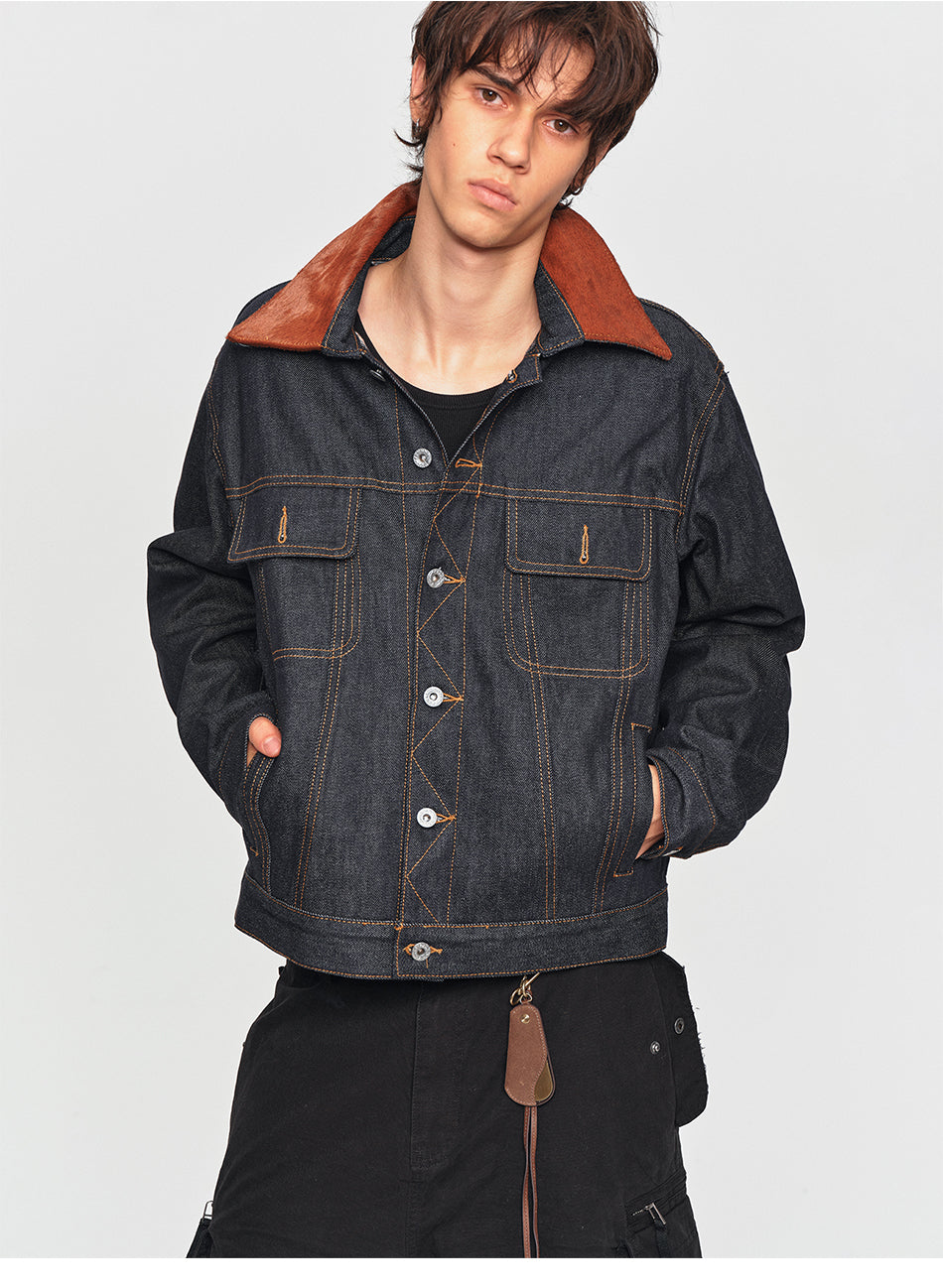 MADWITCH PONY-HAIR COLLAR DUAL-POCKET DENIM JACKET #2606WT3027