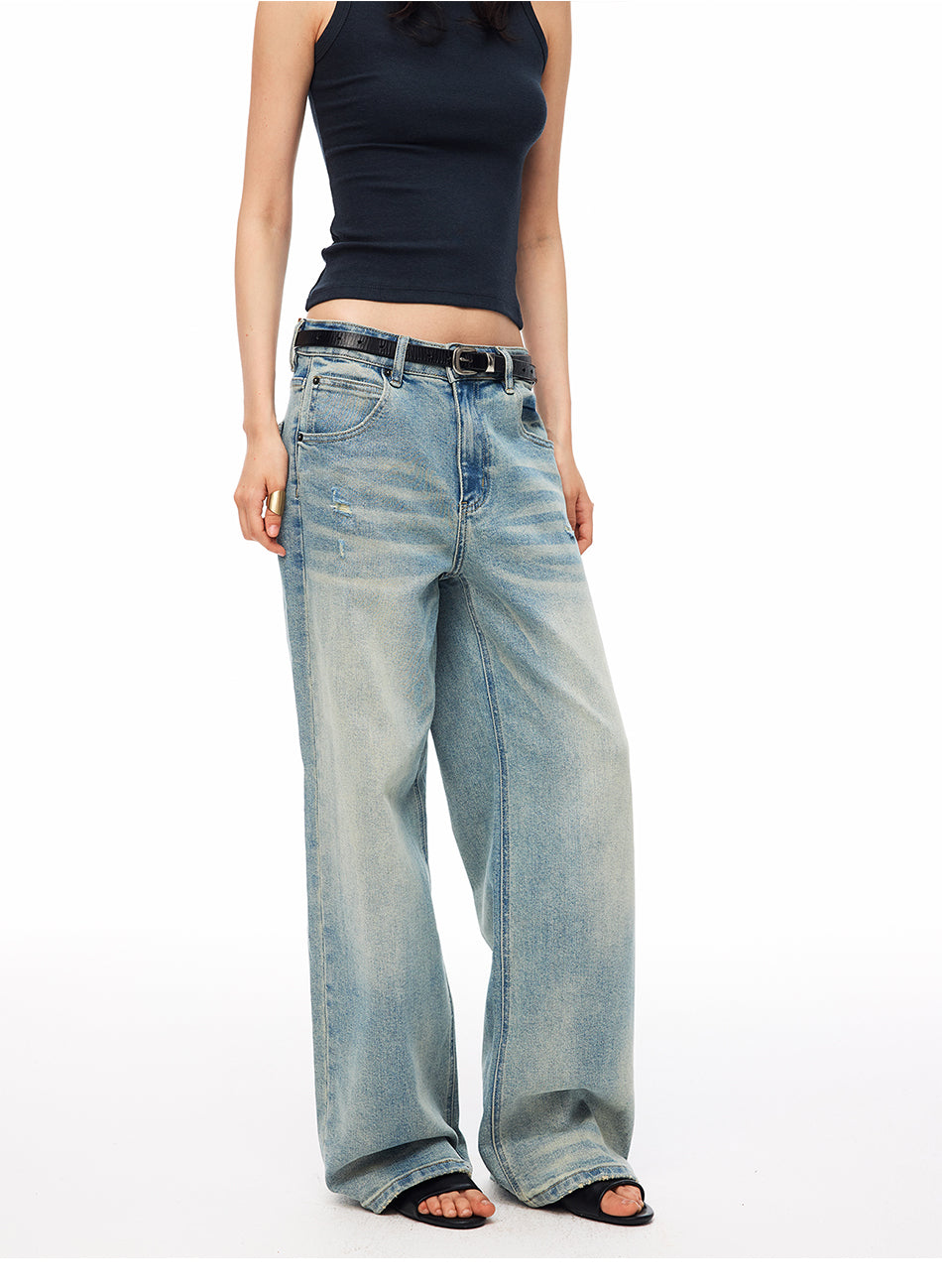 MADWITCH VINTAGE WASHED DISTRESSED WIDE-LEG JEANS #CN9835