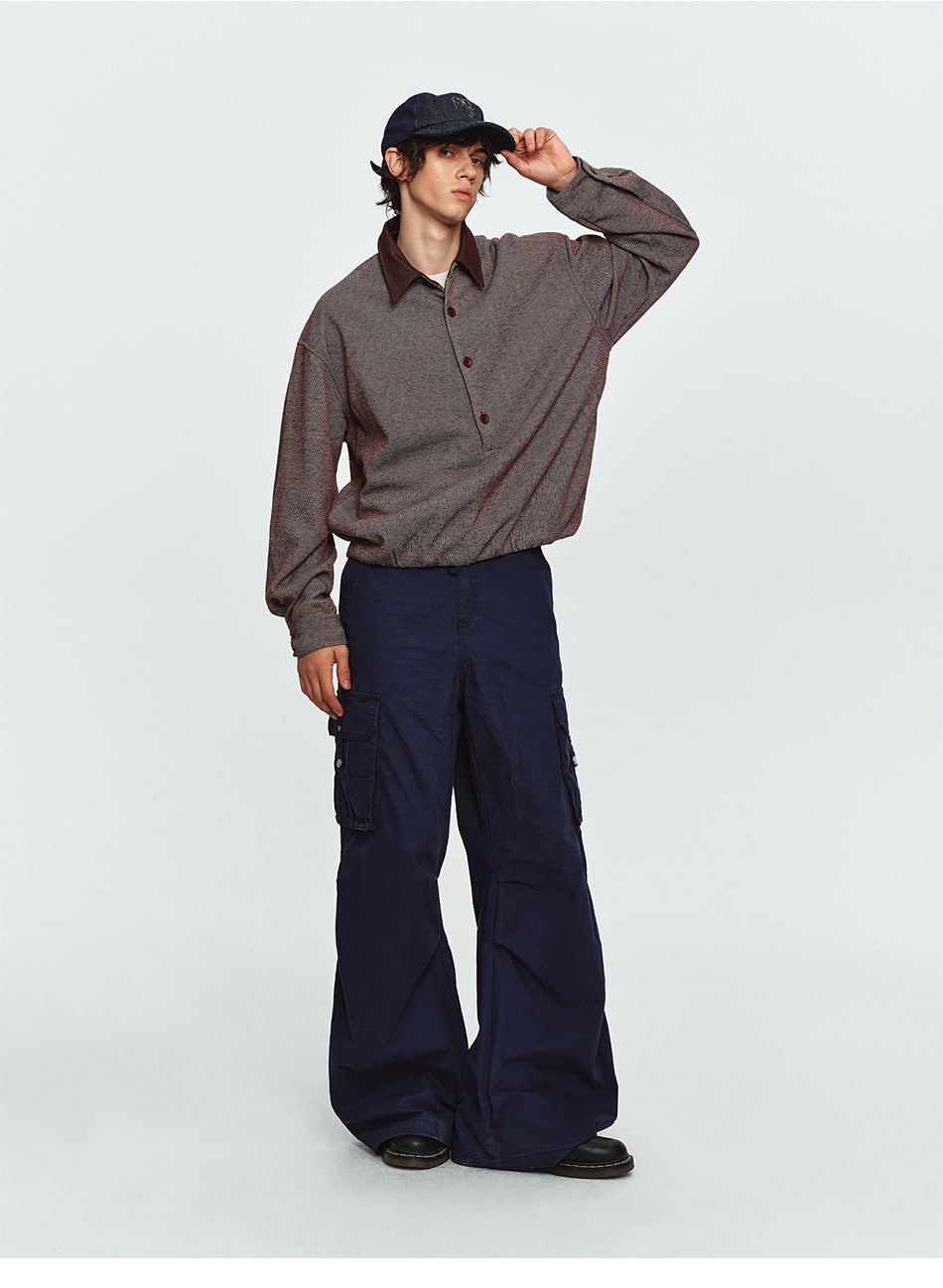 MADWITCH CONTRAST-COLLAR BUTTON-PLACKET CINCHED SWEATSHIRT #991399