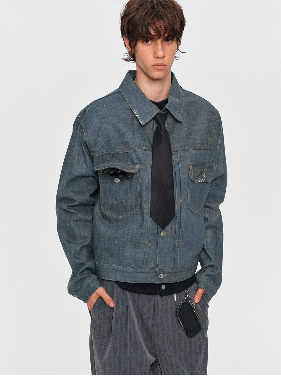 MADWITCH CONTRAST-STITCH DUAL-POCKET CROPPED DENIM JACKET #2605WT3009