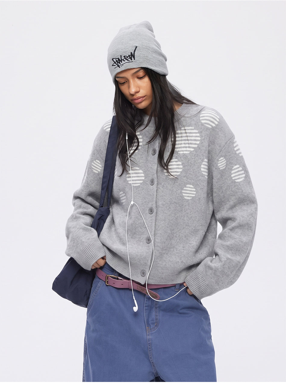 MADWITCH POLKA-DOT JACQUARD CREWNECK RELAXED BUTTON CARDIGAN #27630