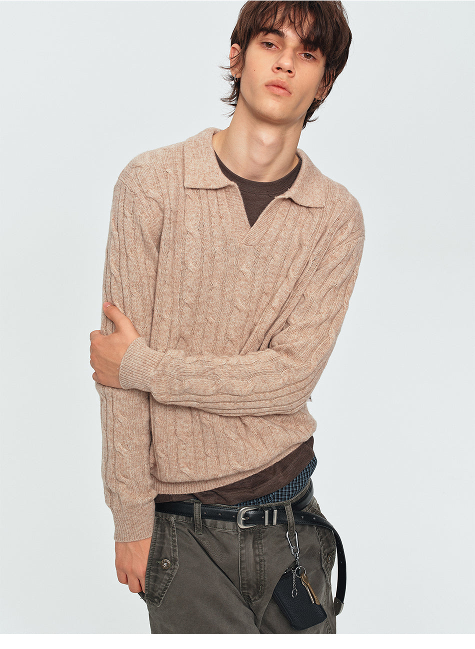 MADWITCH TEXTURED CABLE-KNIT WOOL-BLEND POLO SWEATER #11892